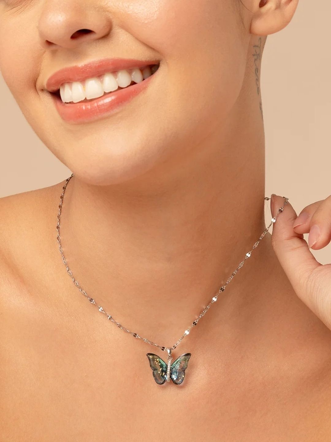 SALTY Set Of 2 Stones-Studded Evil-Eye & Butterfly Pendant With Chain