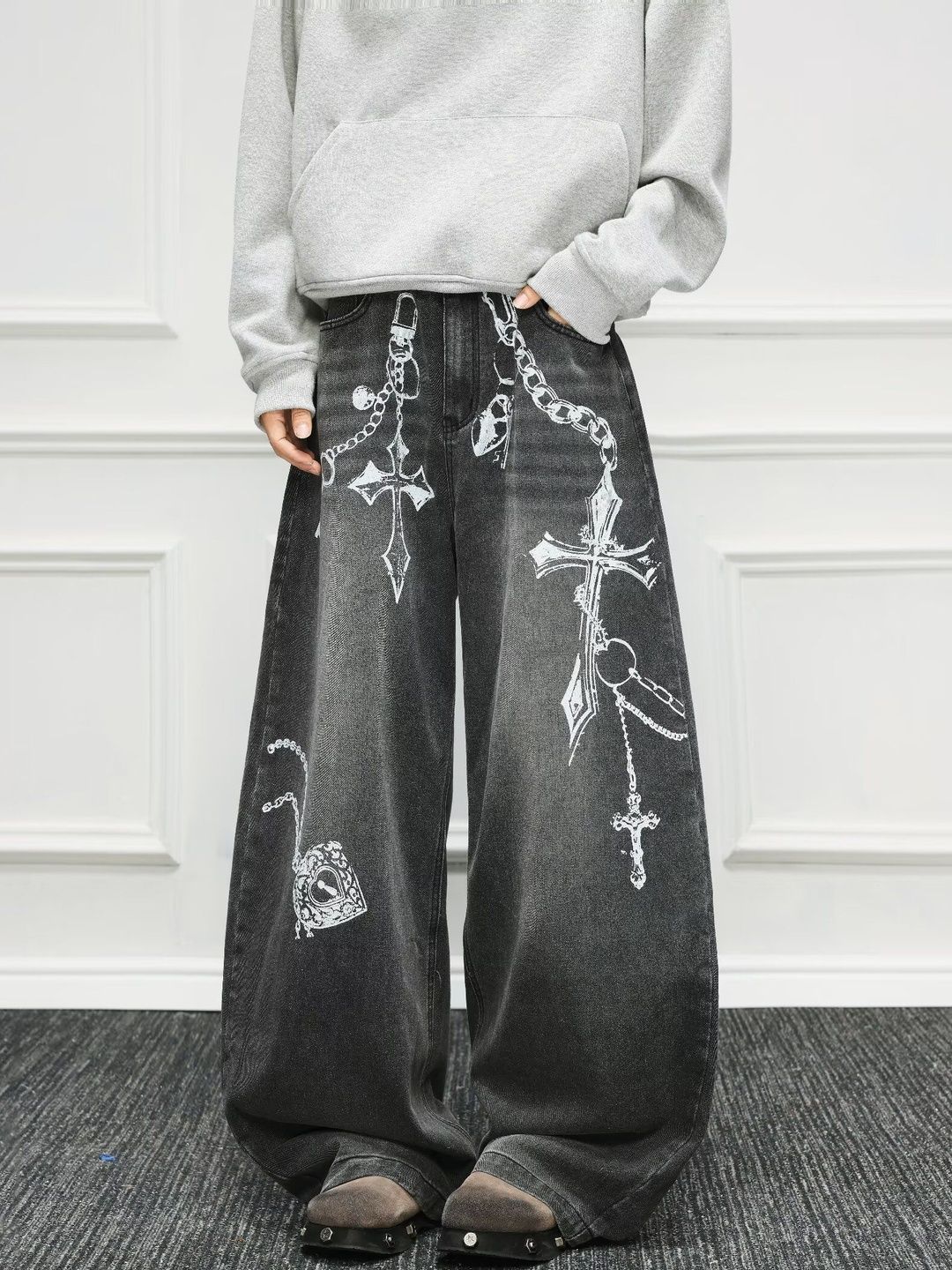 Men Wide Leg Mid-Rise Light Fade Printed Jeans