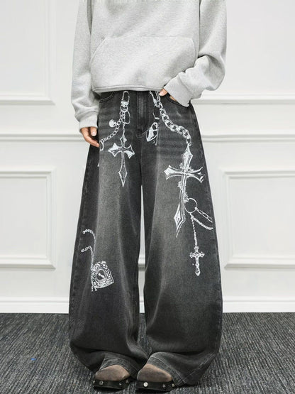 Men Wide Leg Mid-Rise Light Fade Printed Jeans