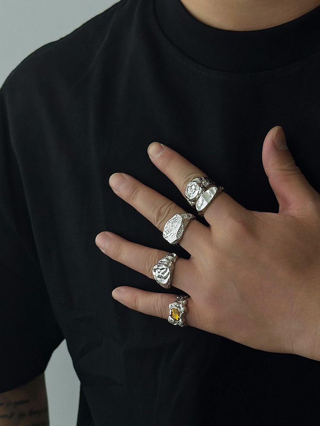 Men Set Of 5 Silver-Plated Stones-Studded Adjustable Finger Rings
