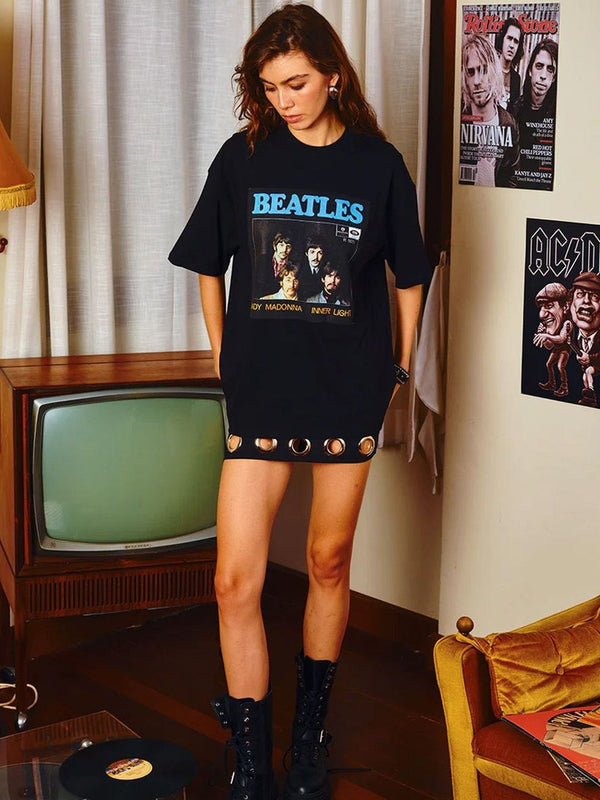 Women Typography Printed Extended Sleeves Applique T-shirt