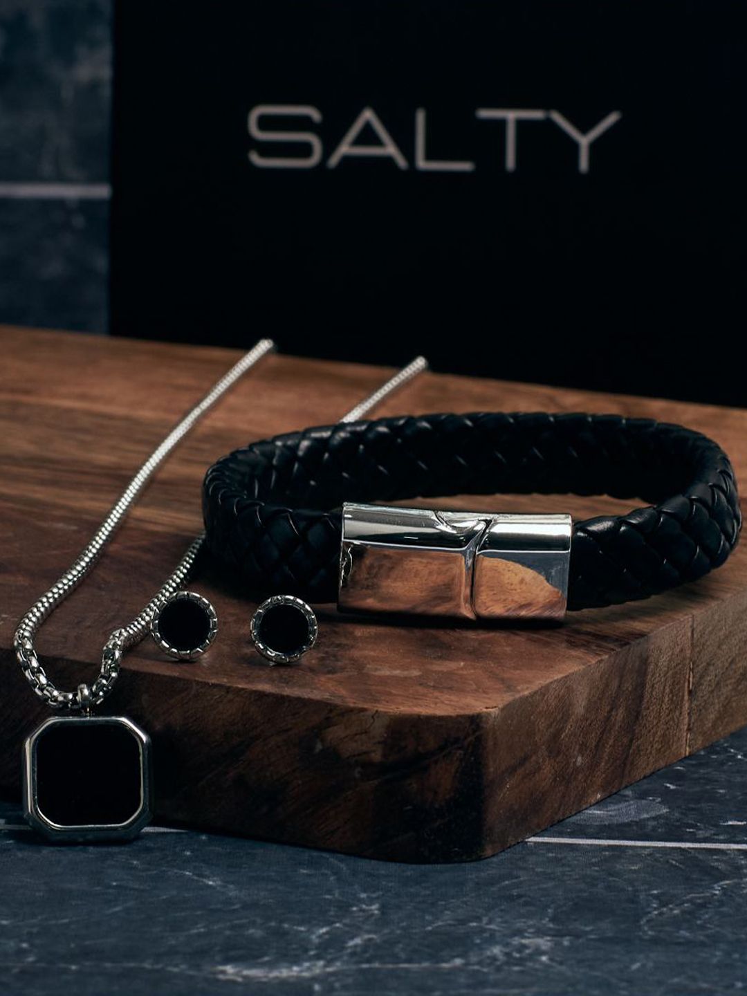 SALTY Men Stainless Steel Stone Studded Jewellery Set