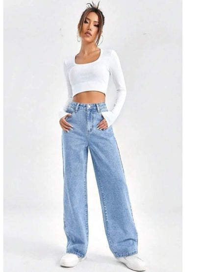 Women Comfort Wide Leg High-Rise Light Fade Stretchable Jeans