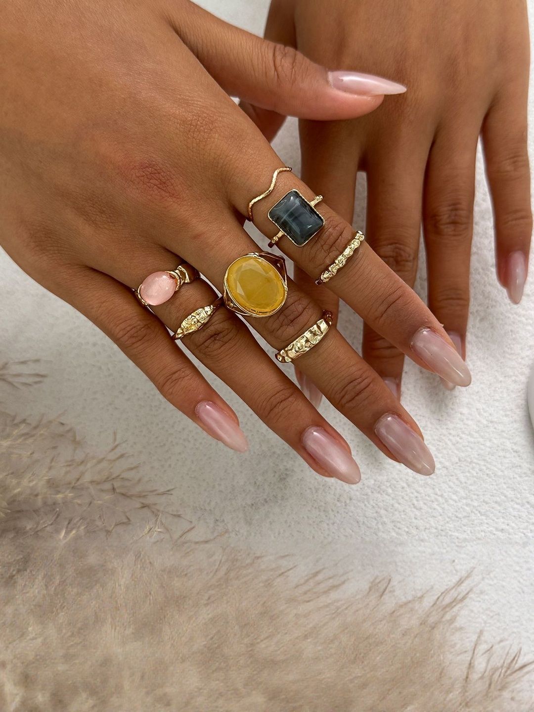 Set of 7 Gold-Plated Stone-Studded Finger Rings