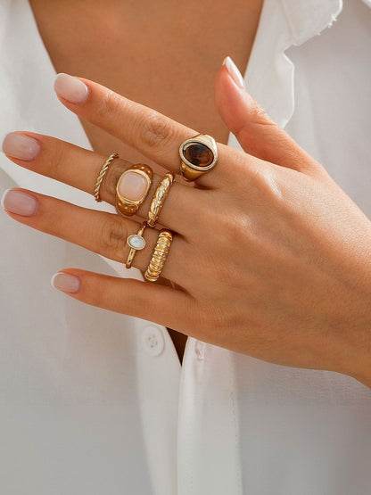 Set of 6 Gold-Plated Stone-Studded Finger Ring