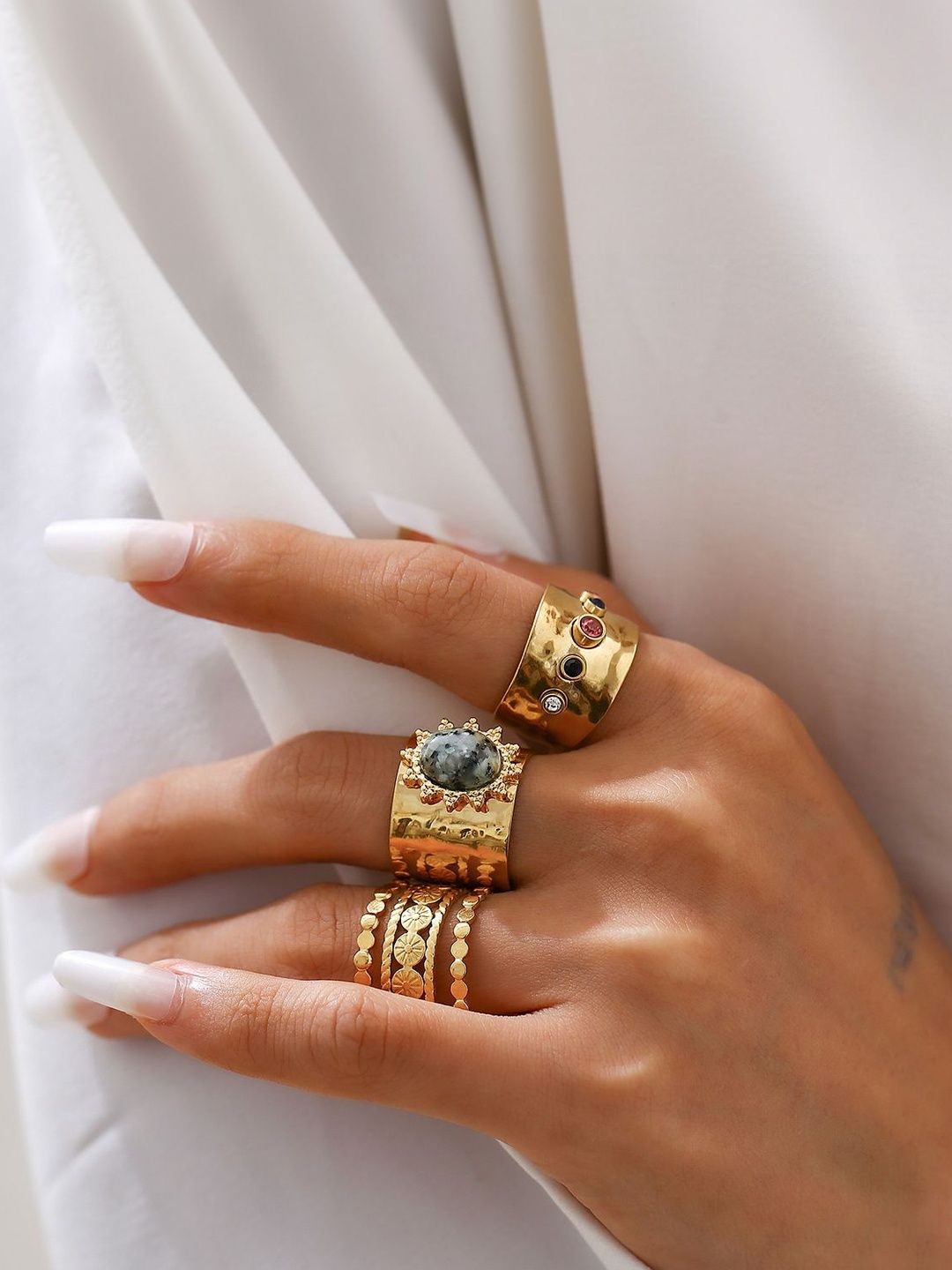 Set Of 3 Gold-Plated Stone-Studded Adjustable Finger Rings