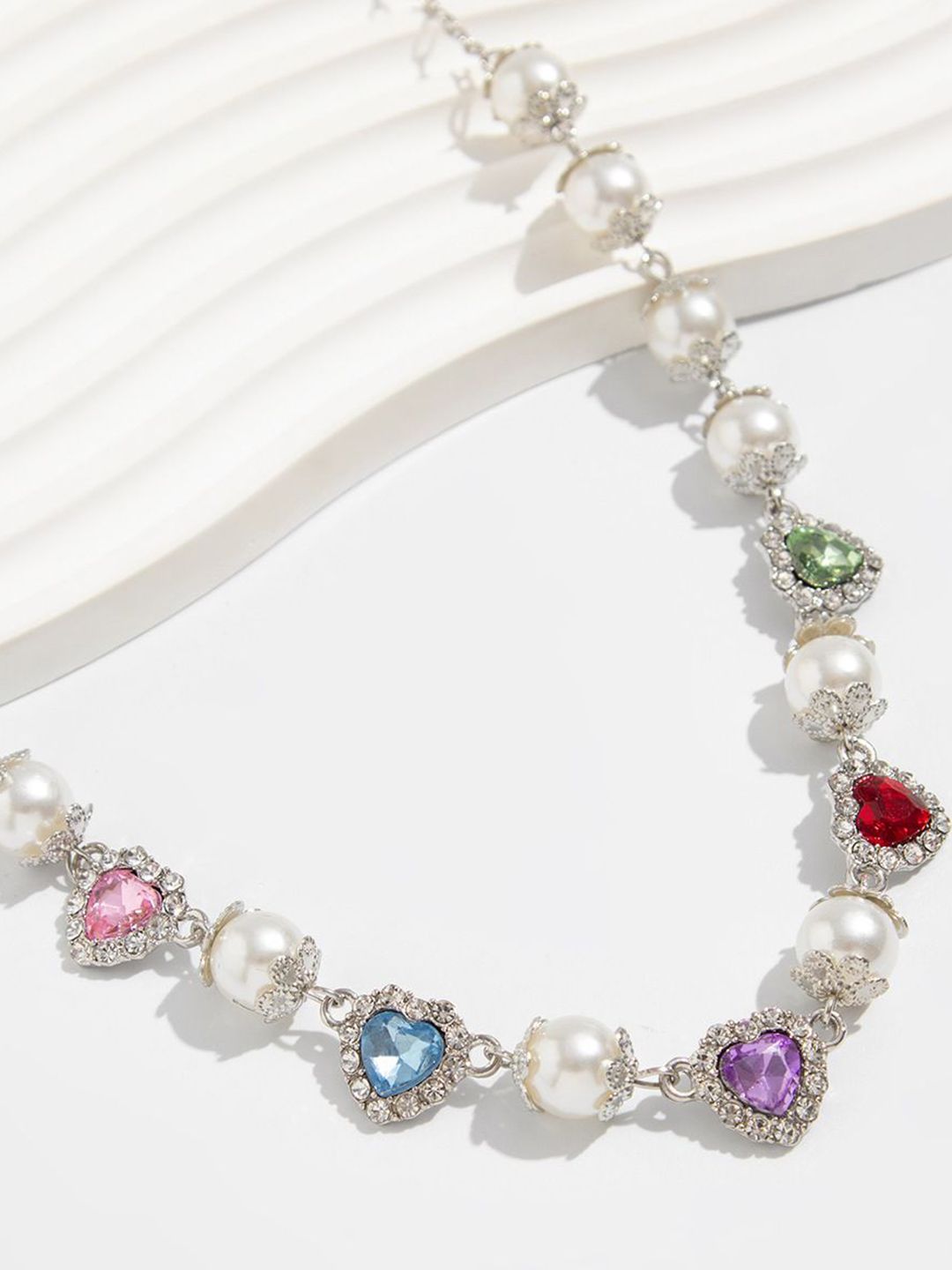 Silver-Plated Artificial Stones Studded And Beaded Necklace