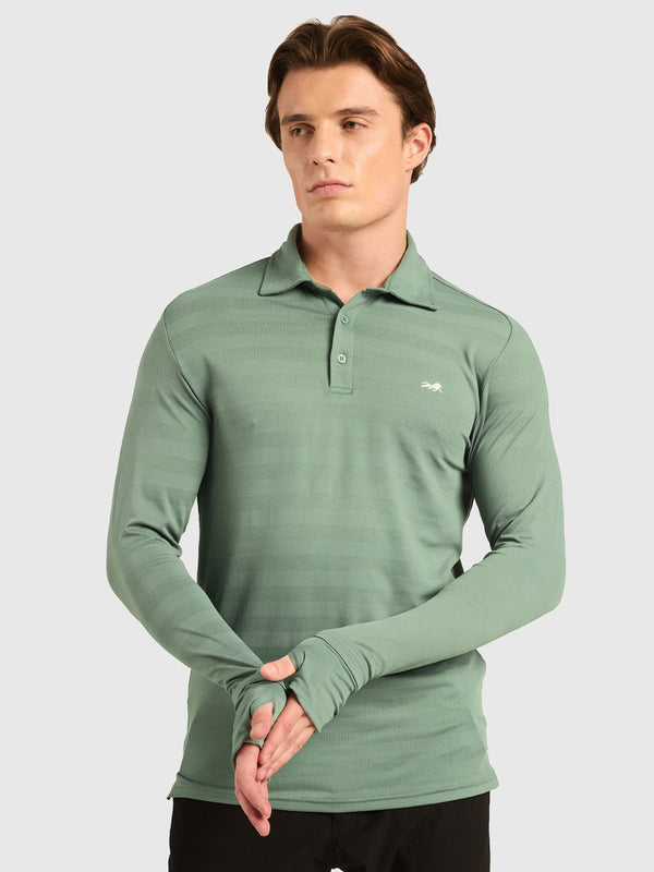 Men Striped Full Sleeves Polo Collar T-shirt