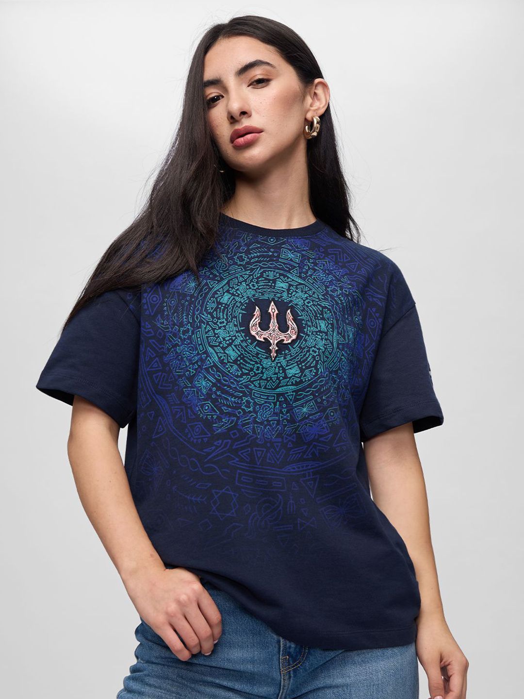 Women Oversized Printed Navy Blue T-Shirts