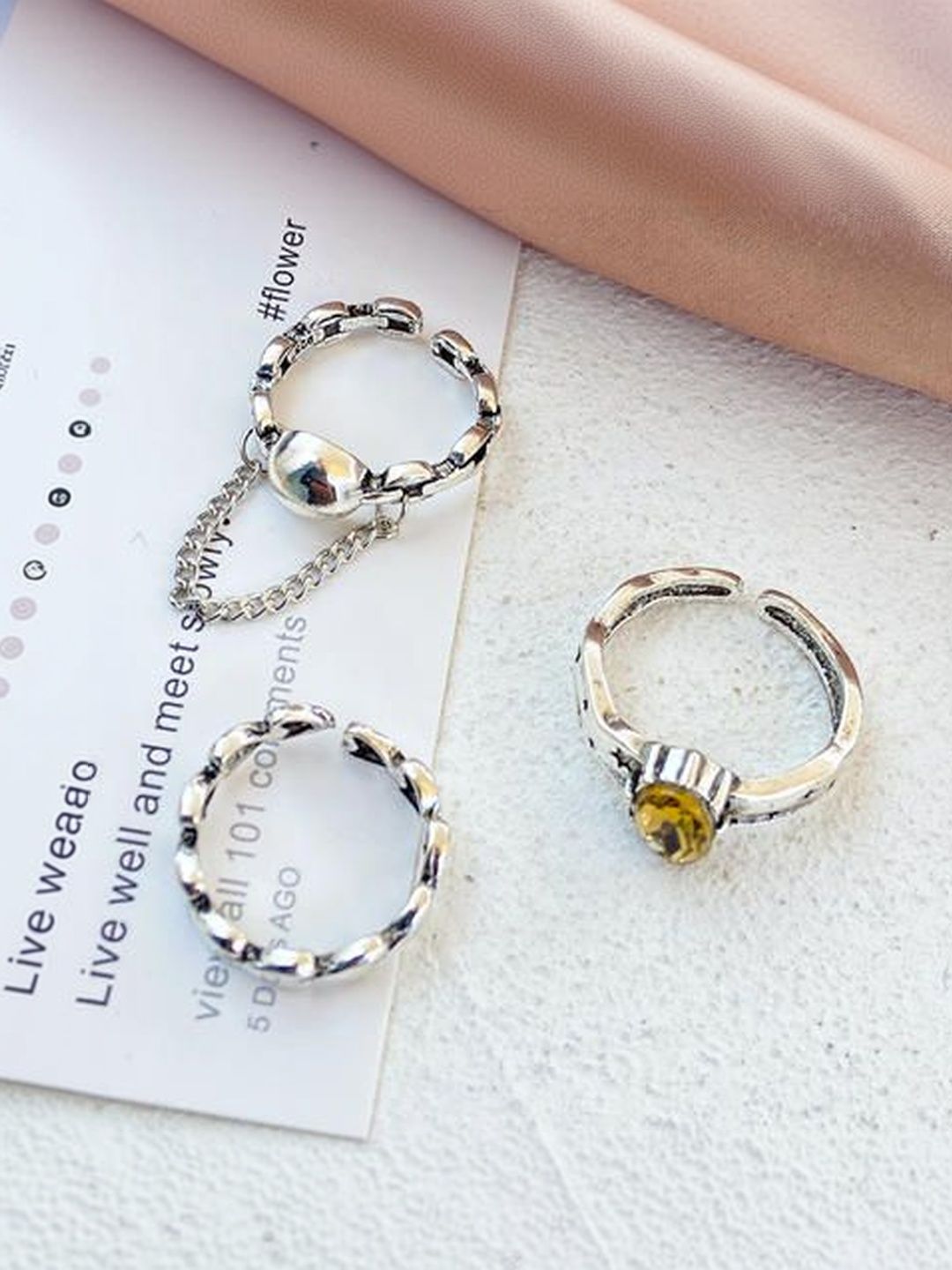 Set of 3 Silver-Plated Stone-Studded Finger Rings