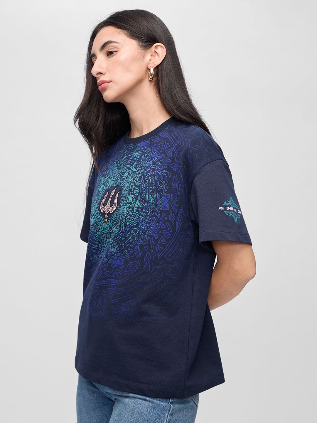 Women Oversized Printed Navy Blue T-Shirts