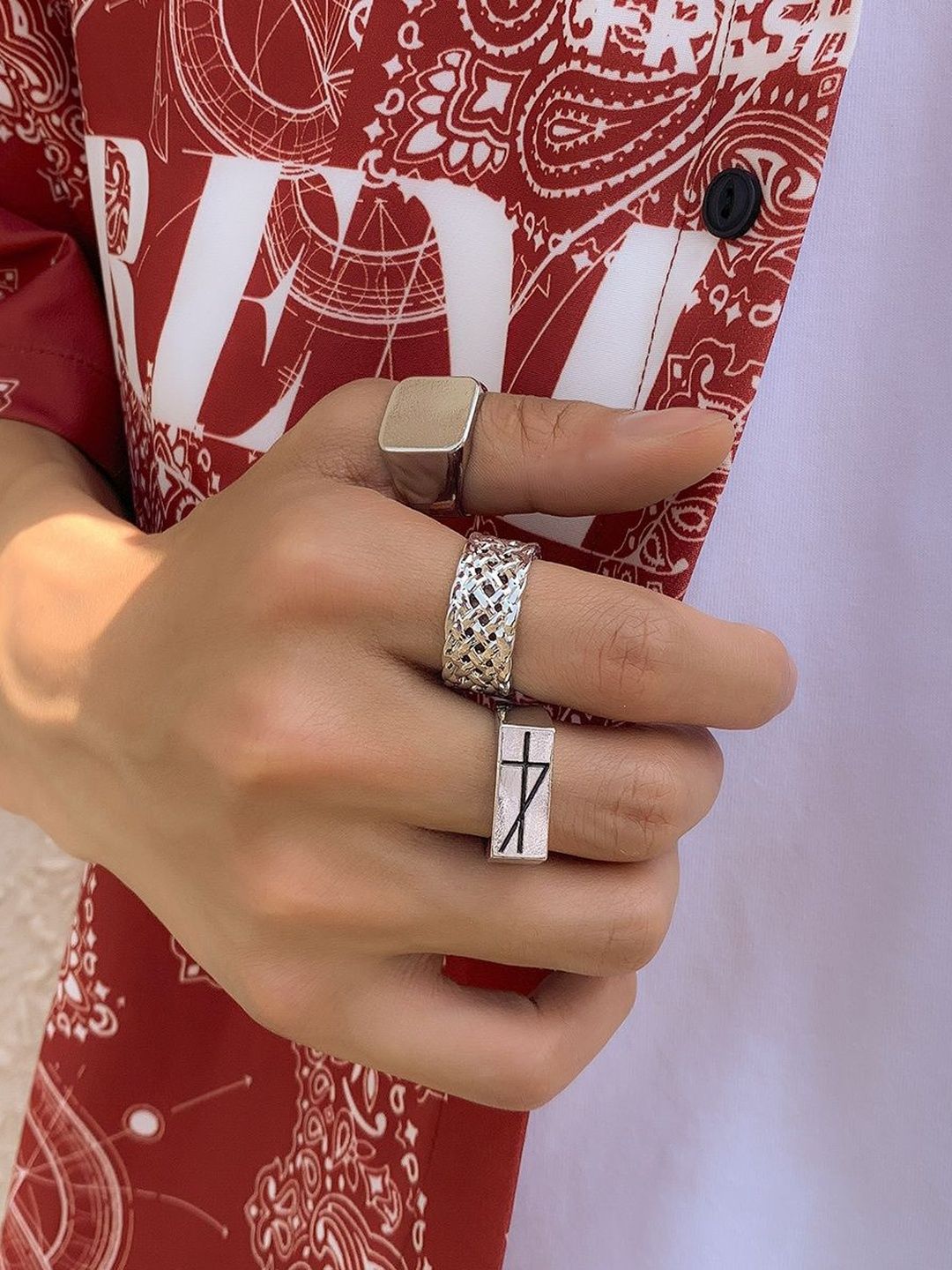 Men Set Of 3 Silver-Plated Finger Rings