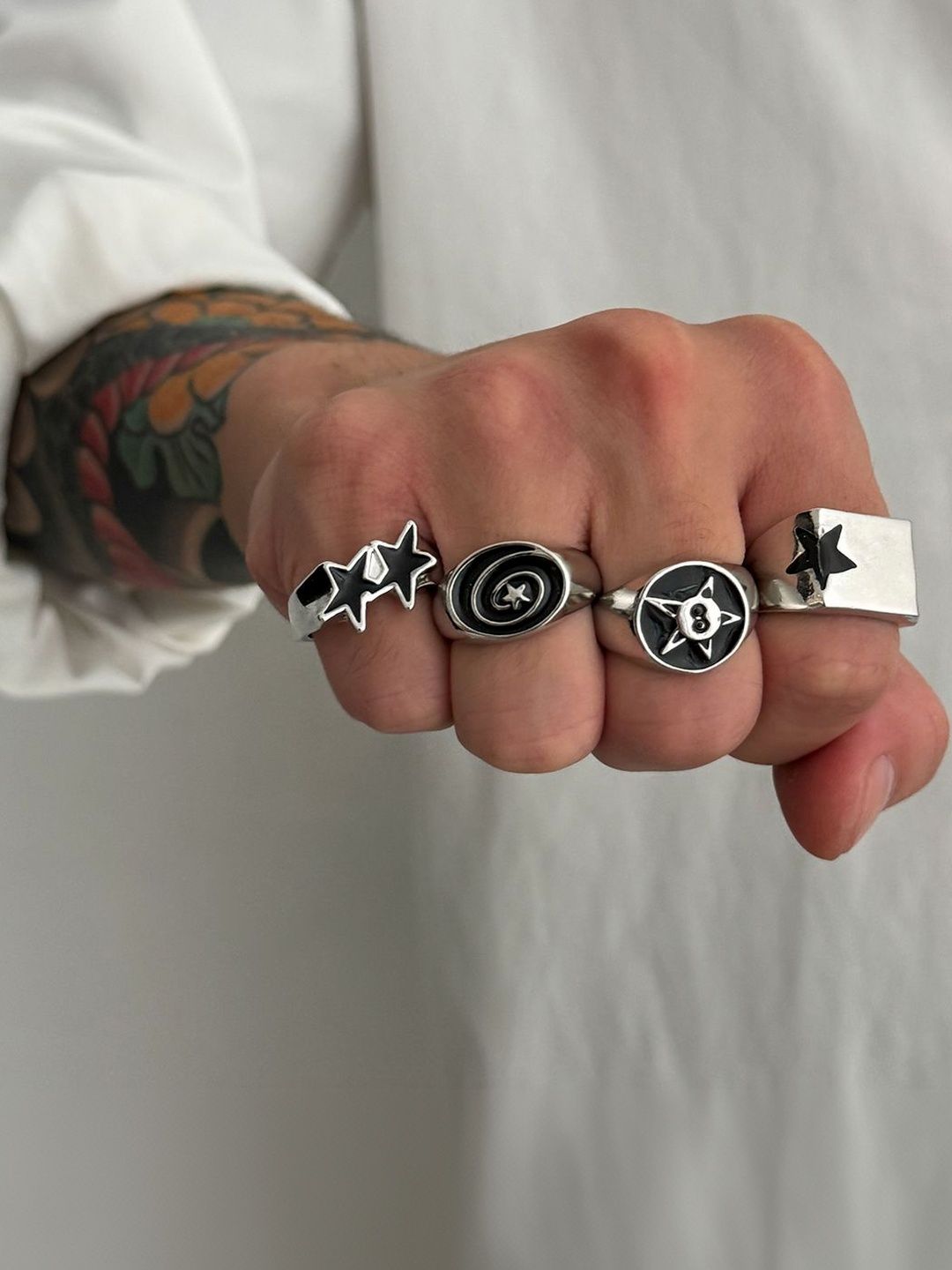 Men Set Of 4 Silver-Plated Finger Ring