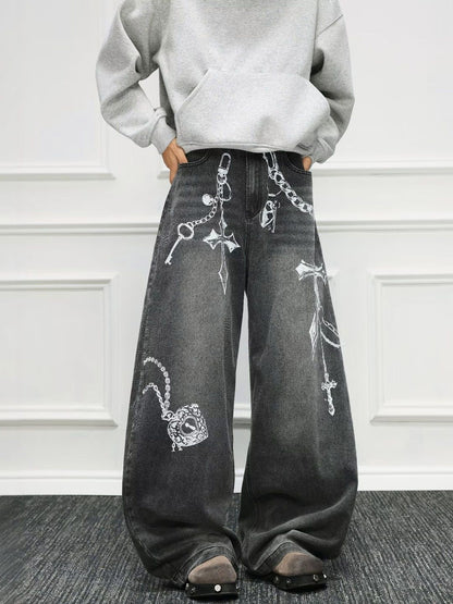 Men Wide Leg Mid-Rise Light Fade Printed Jeans