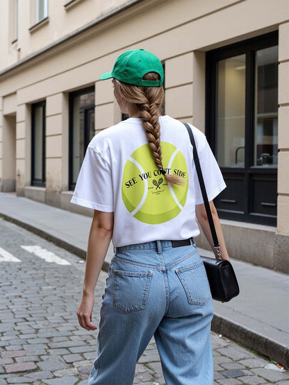 Women White Courtside Oversized Printed Cotton-Spandex Tee