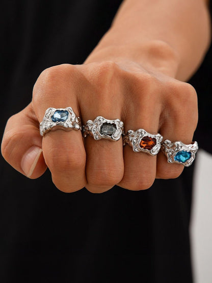 Men Set Of 4 Silver-Plated Stone-Studded Finger Ring