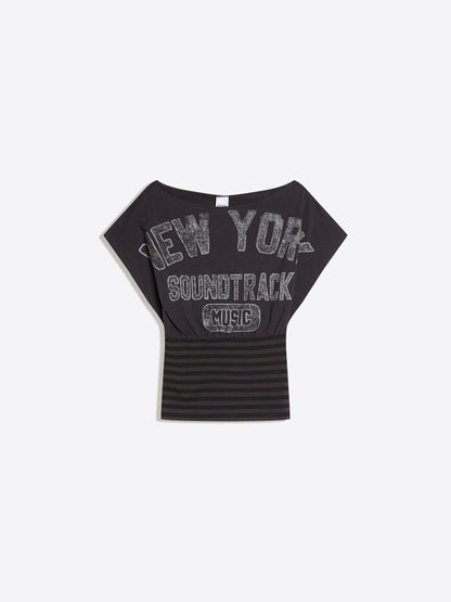 Asymmetric short sleeve print T-shirt with cummerbund