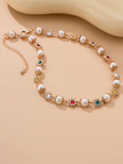 Gold-Plated Artificial Stones Studded & Pearls Beaded Necklace