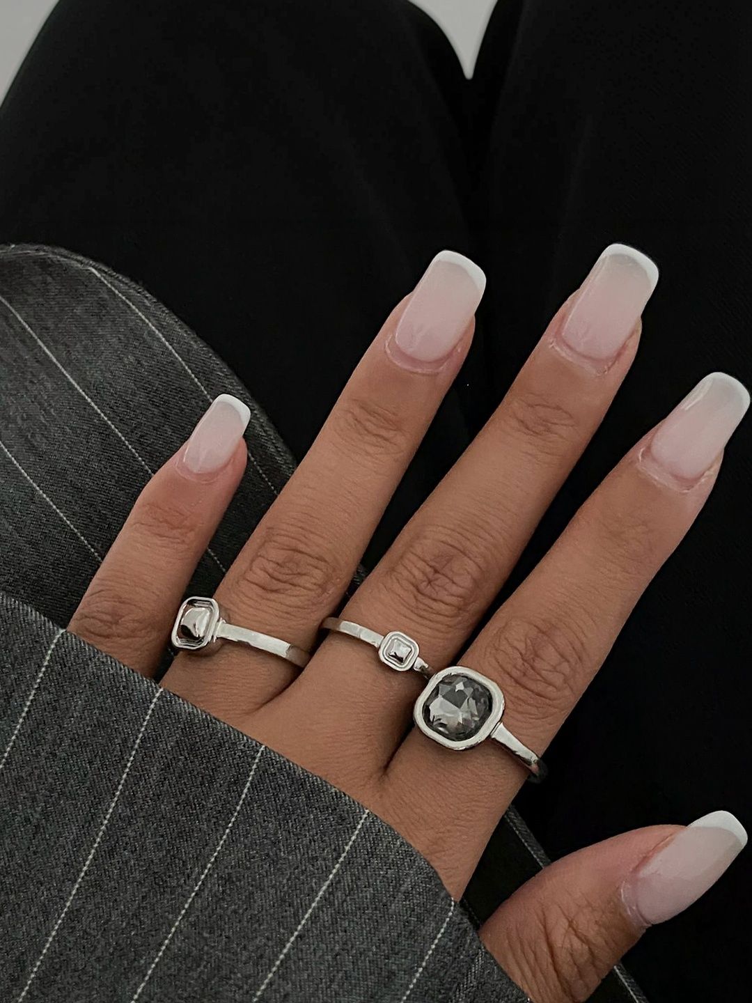 Set of 3 Silver-Plated Stone-Studded Finger Ring