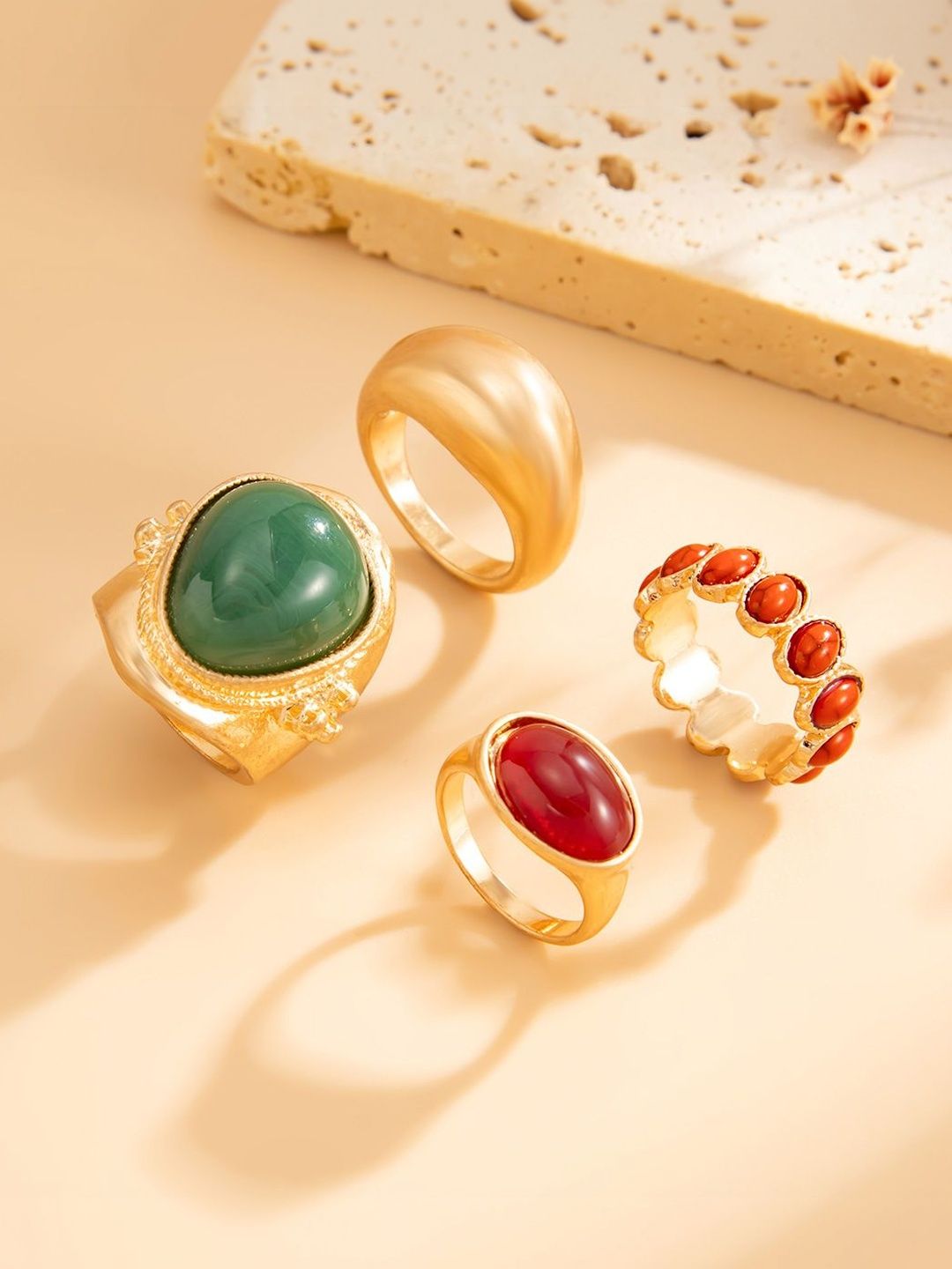 Set of 4 Gold-Plated Stone-Studded Finger Ring