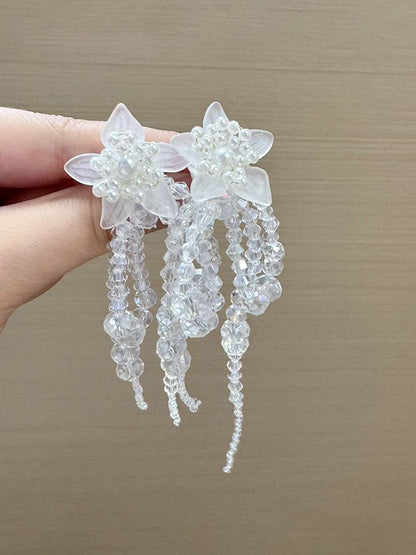 Artificial Beaded Floral Shaped Tasselled Drop Earrings