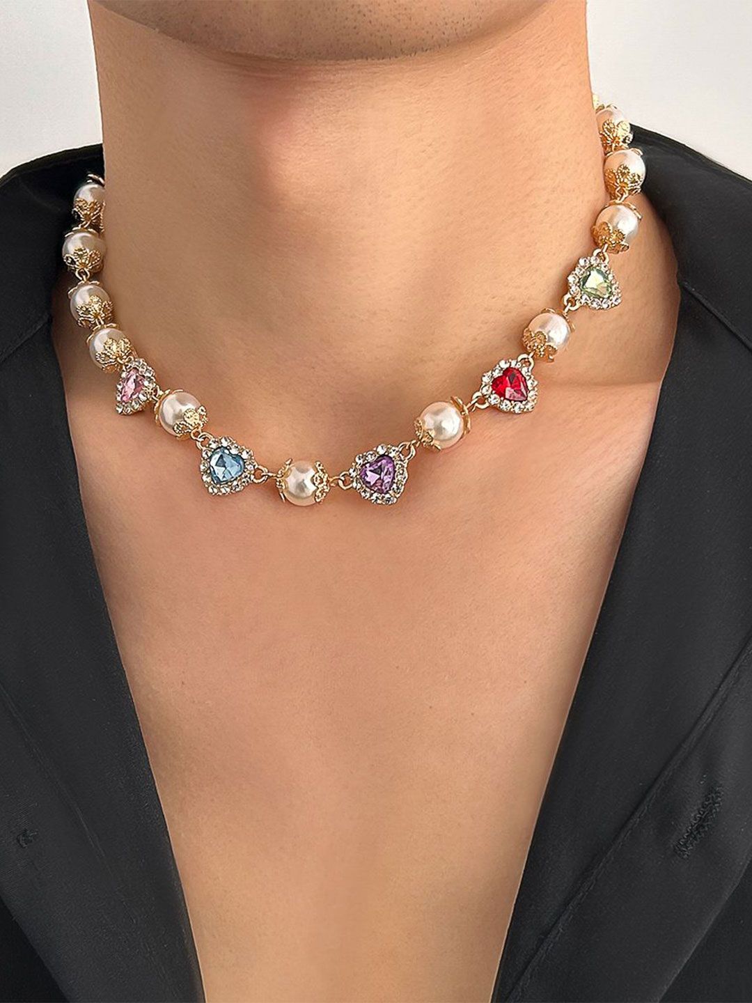 Gold-Plated Artificial Stones Studded And Beaded Necklace