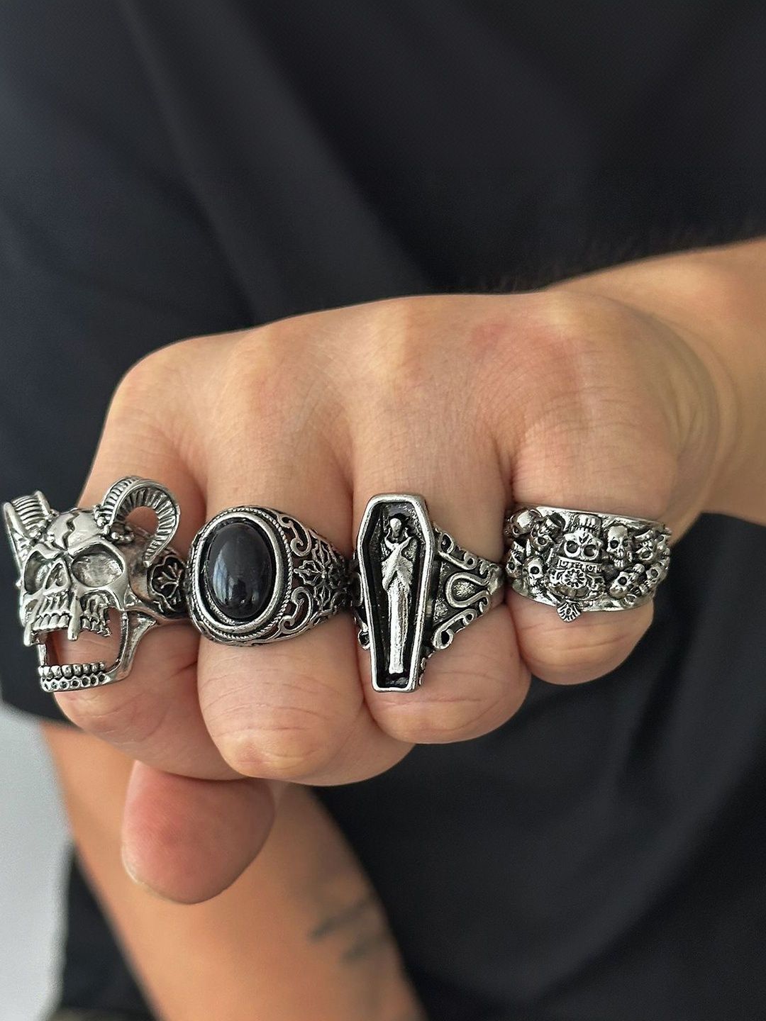 Men Set Of 5 Silver-Plated Finger Ring