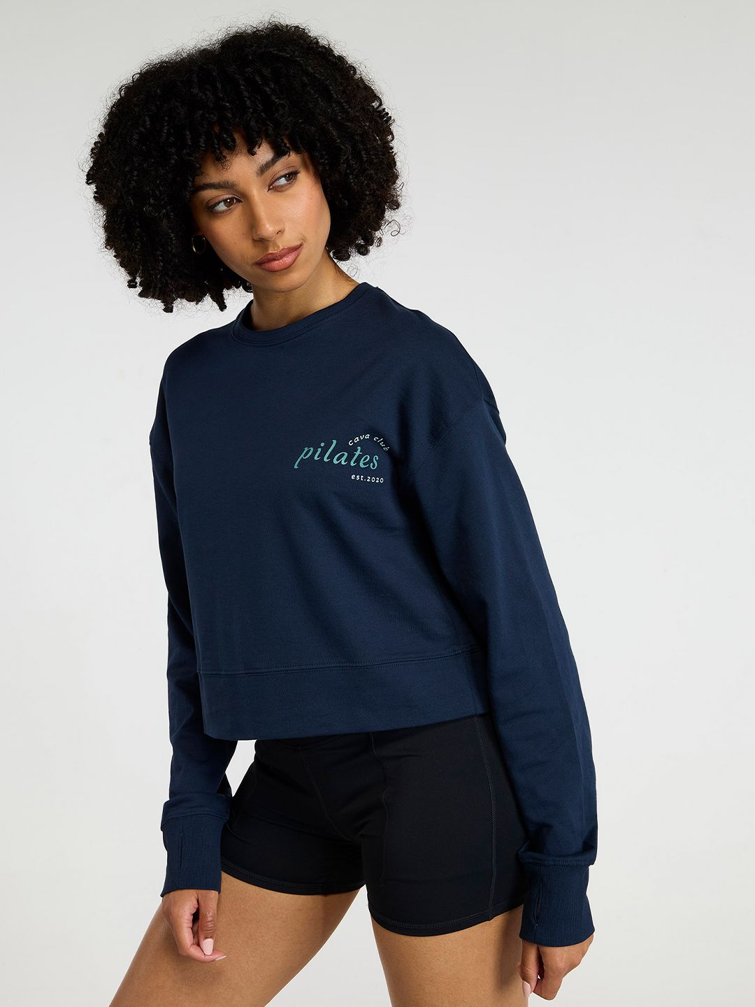 Women Navy Pilates Club Cropped Cotton Sweatshirt with Thumbholes