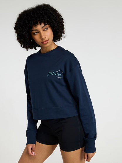 Women Navy Pilates Club Cropped Cotton Sweatshirt with Thumbholes