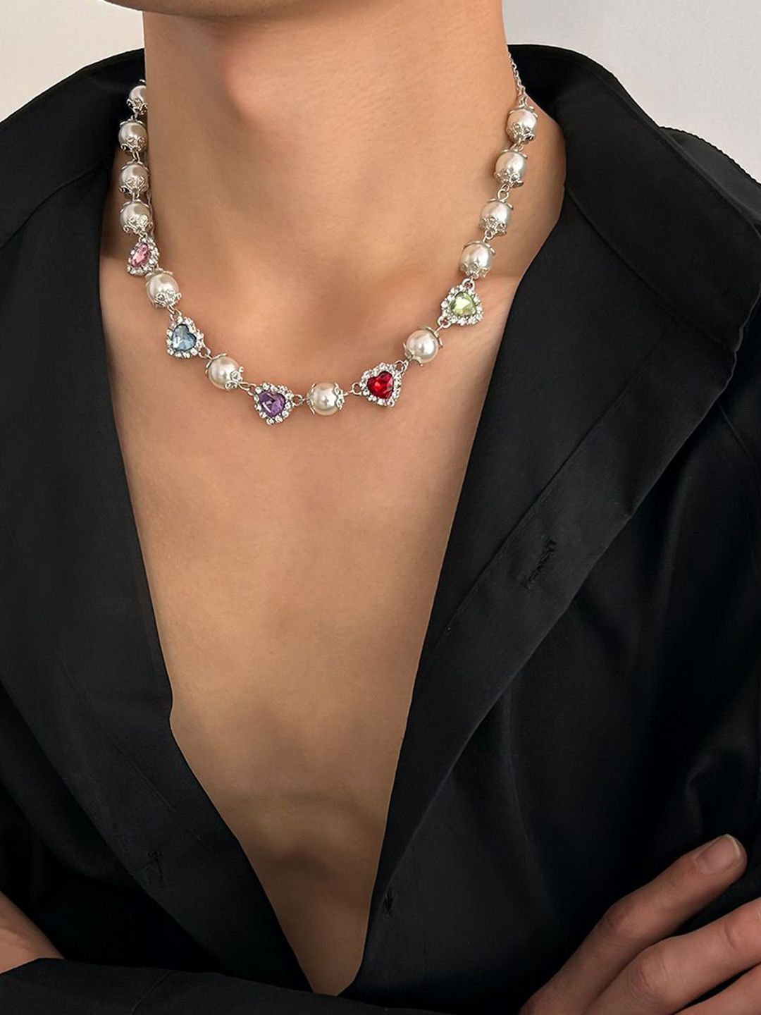Silver-Plated Artificial Stones Studded And Beaded Necklace