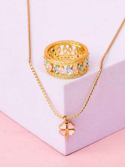 SALTY Clover & Baguette Pendant, Chain & Stones Studded Ring Jewellery Set