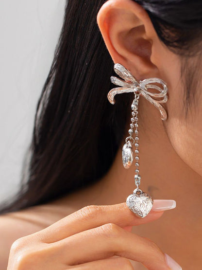 Silver-Plated Artificial Stones Studded & Beaded Heart Drop Earrings