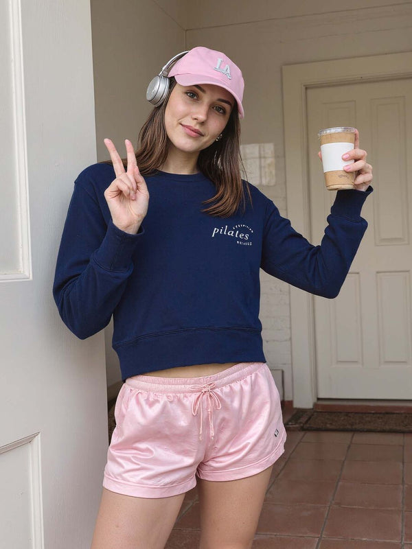 Women Navy Pilates Club Cropped Cotton Sweatshirt with Thumbholes