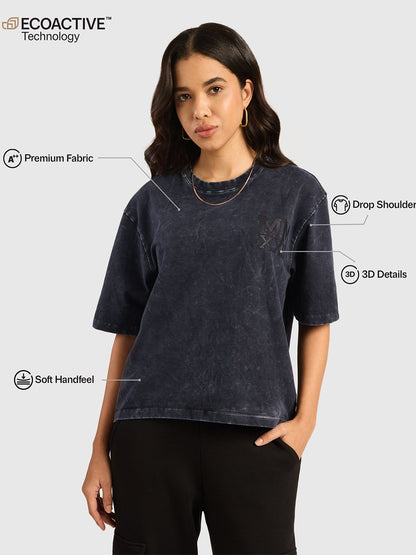 Women Typography Printed Round Neck Cotton Acid Wash Oversized T-shirt