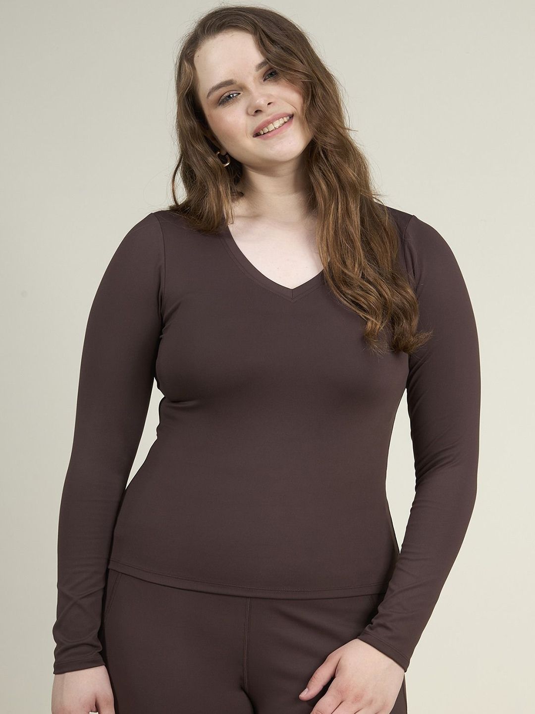 Women Brown Sculpt V-Neck Top