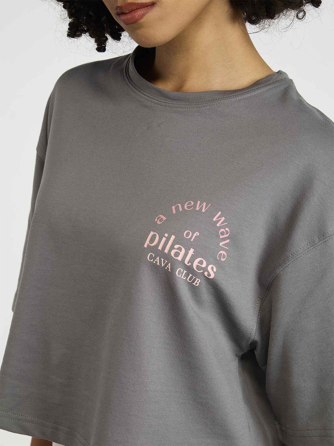 Women Grey-Pink Pilates Core Cropped Cotton Boxy Tee