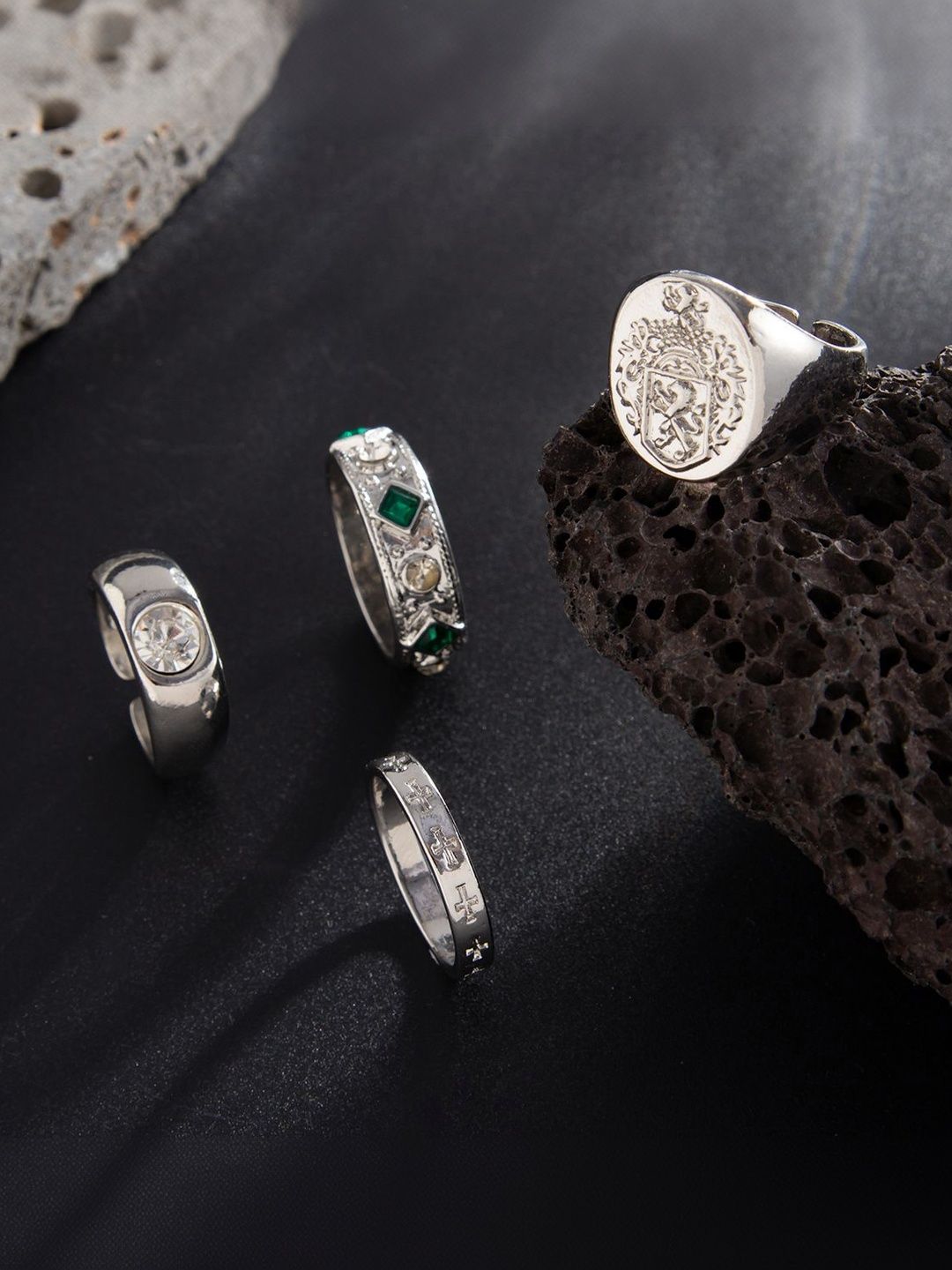 Men Set Of 4 Silver-Plated Stone-Studded Finger Ring