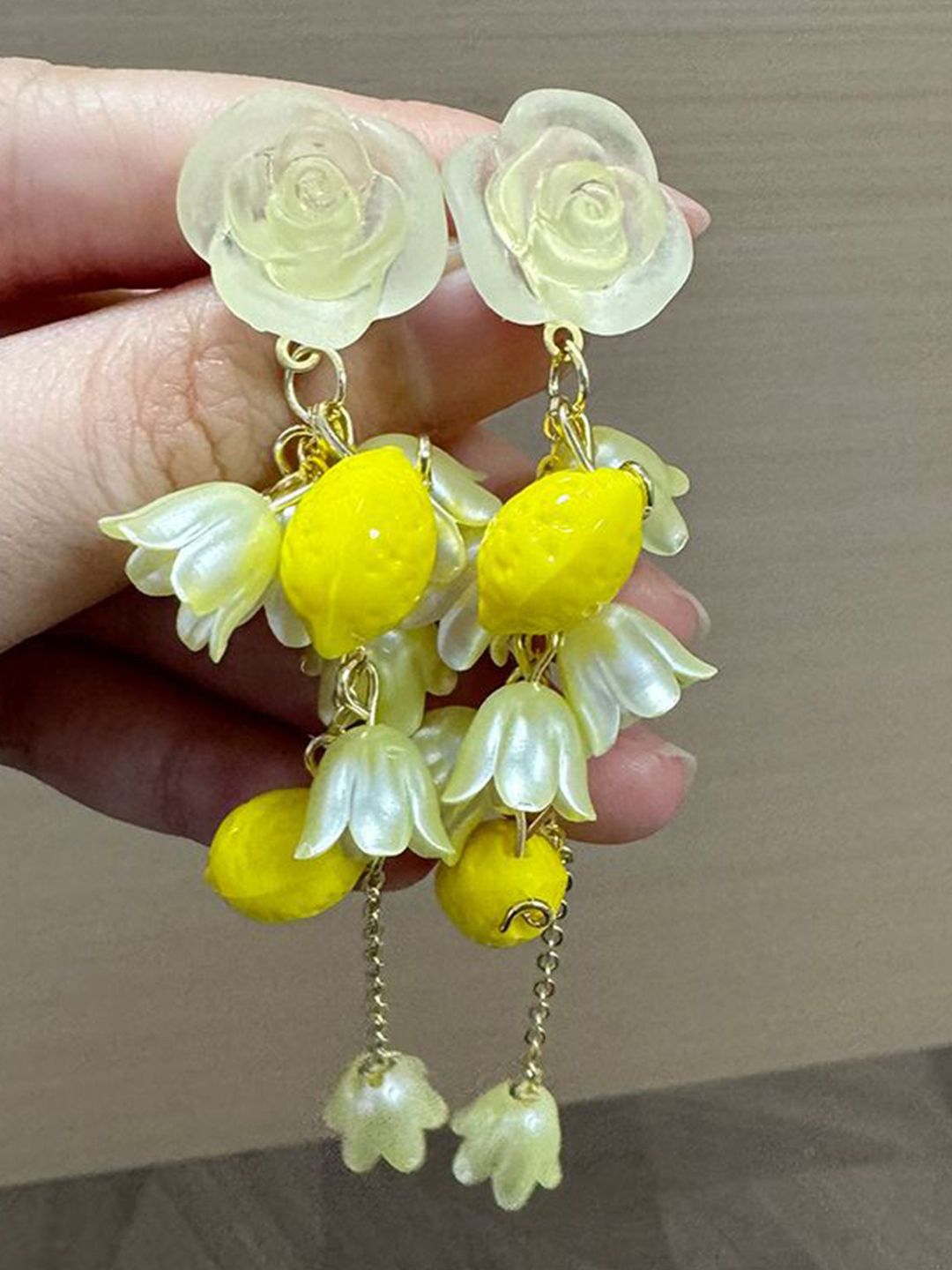 Floral Shaped Artificial Stones Studded & Beaded Drop Earrings