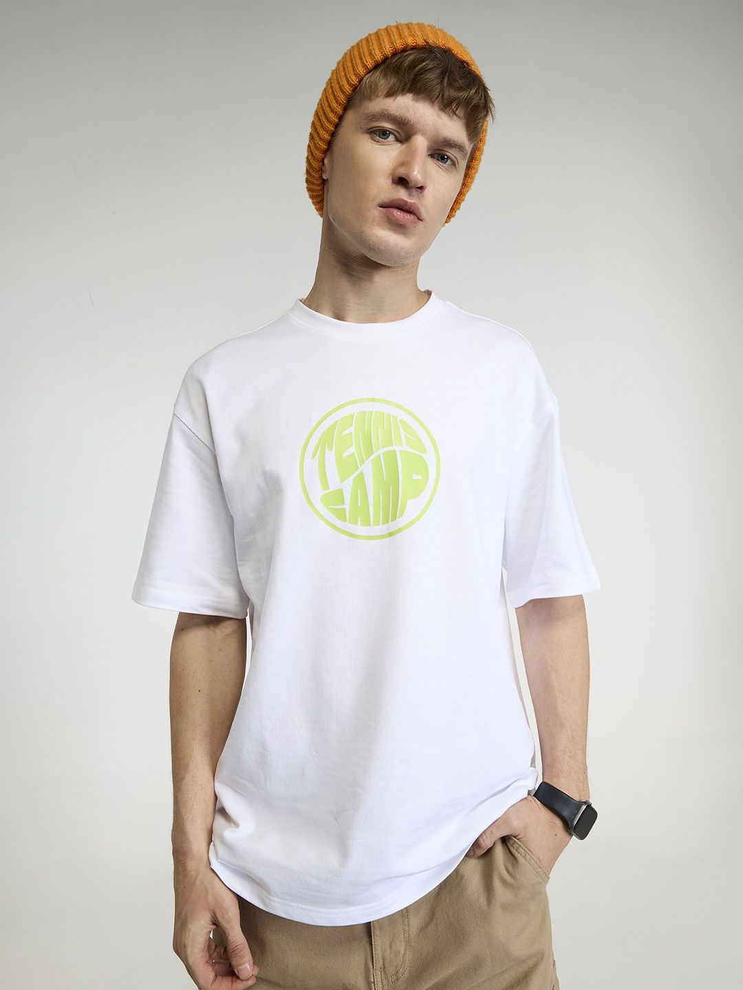 Men White Tenniscore Oversized Printed Cotton Tee