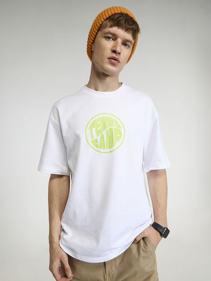 Men White Tenniscore Oversized Printed Cotton Tee
