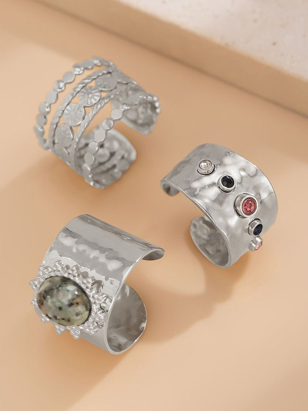 Set of 3 Silver-Plated Stone-Studded Finger Ring