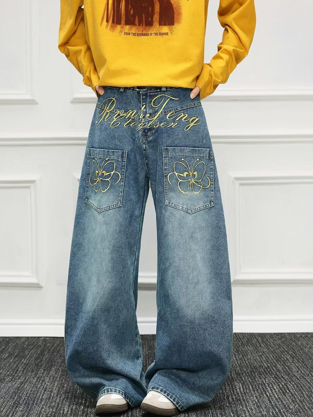 Men Wide Leg Mid-Rise Light Fade Printed Jeans