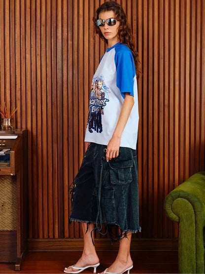 Women Printed Drop-Shoulder Sleeves Pockets T-shirt