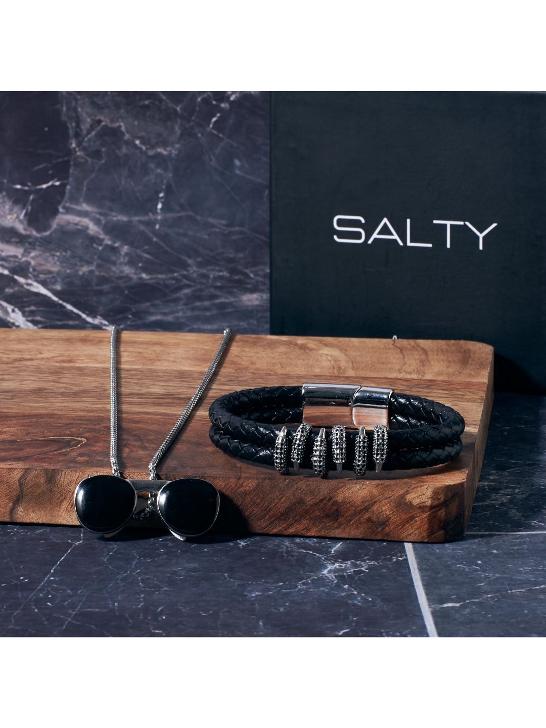 SALTY Sunglasses Cool Pendant & Crown Line Clawed Bracelet Jewellery Set