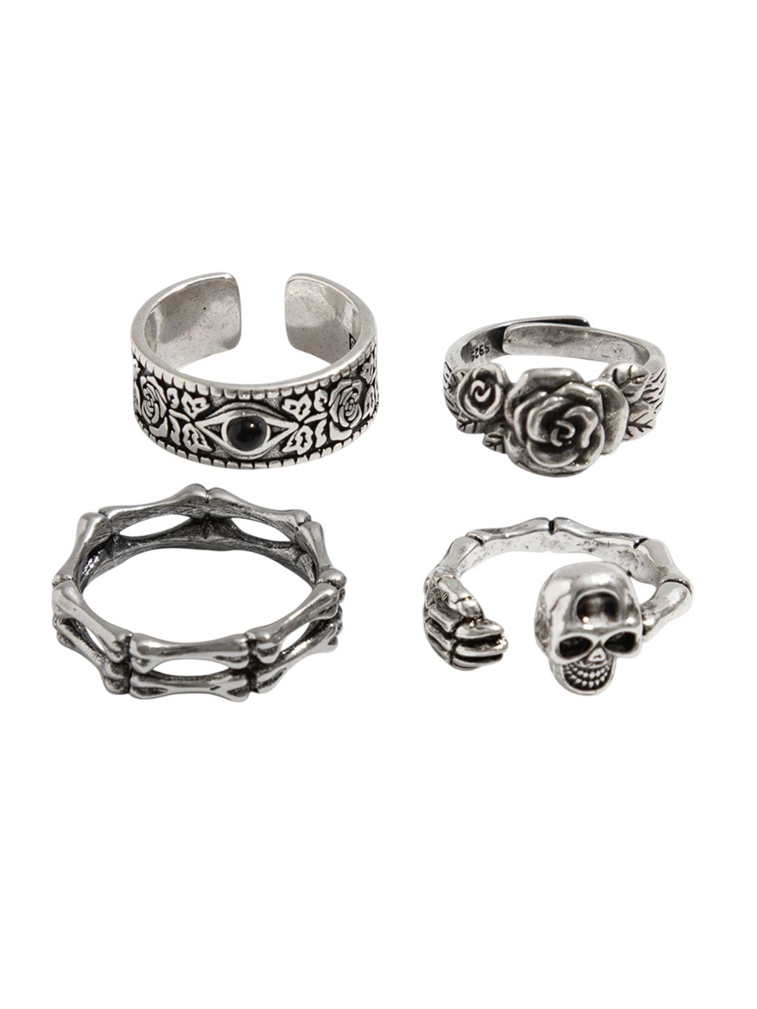 Set of 4 Silver-Plated Stone-Studded Adjustable Finger Ring