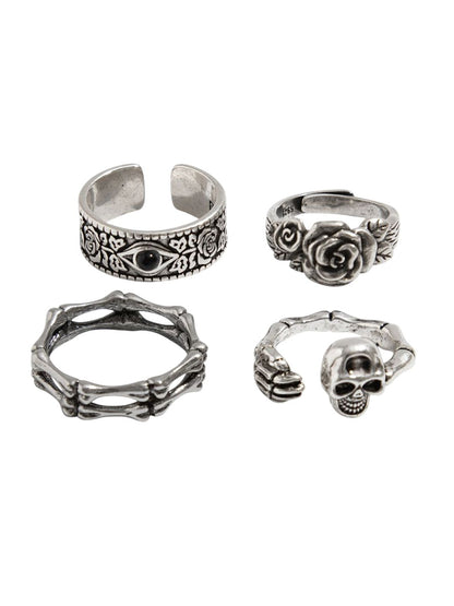 Set of 4 Silver-Plated Stone-Studded Adjustable Finger Ring