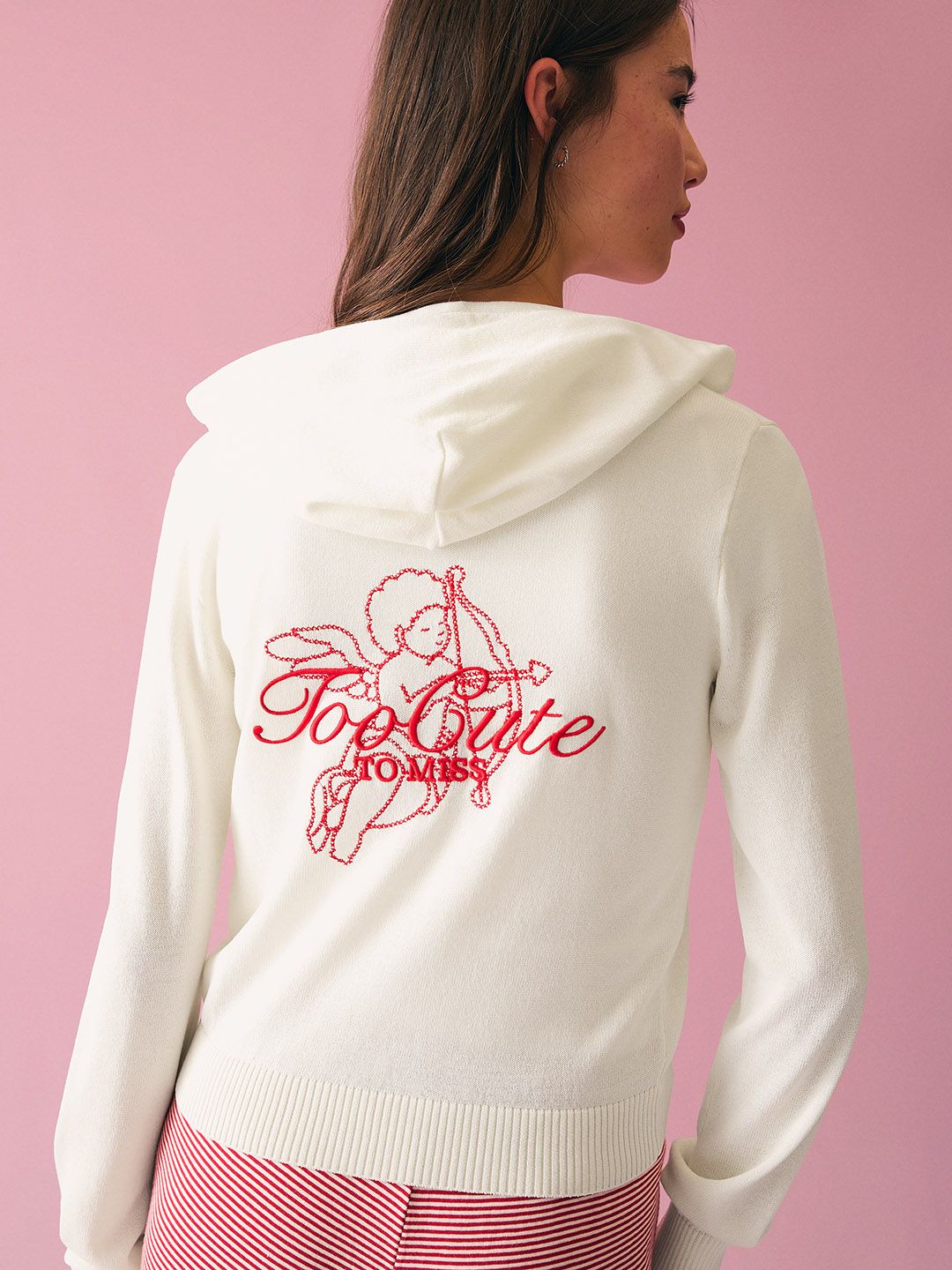 Zip-up print hood sweatshirt