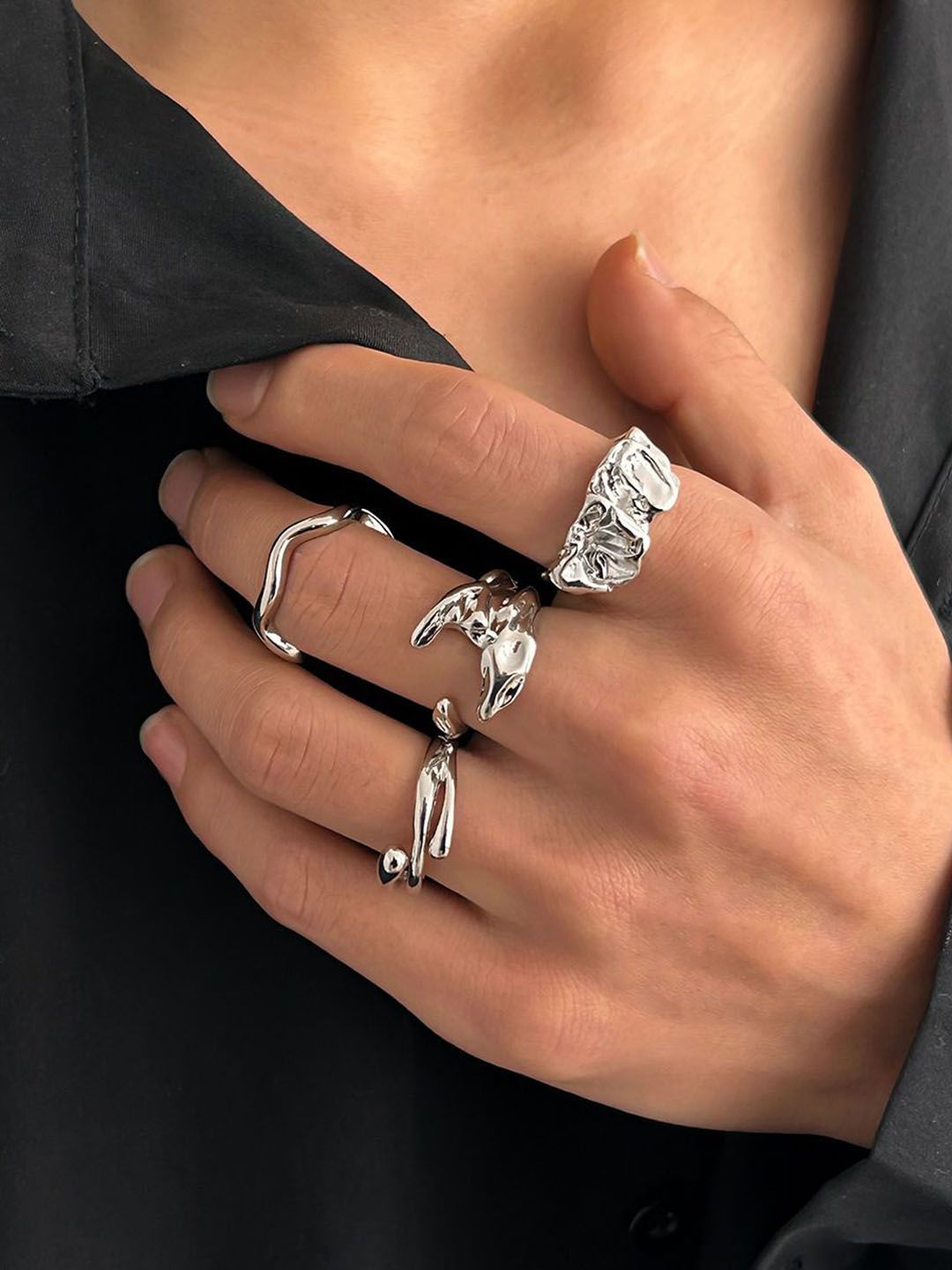 Men Set Of 4 Sliver-Plated Adjustable Finger Rings