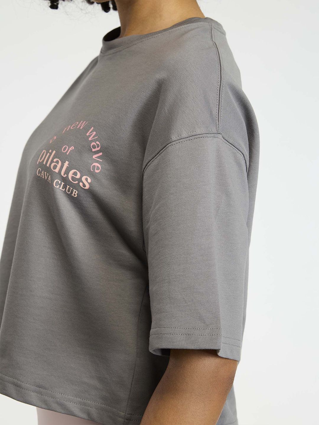 Women Grey-Pink Pilates Core Cropped Cotton Boxy Tee
