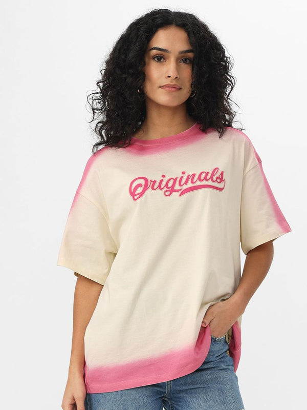 Women Oversized Fit Printed Cream T-Shirts